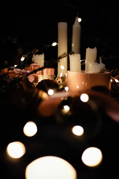 Pink Christmas Decorations Candlelight Pink Ribbons Twigs Dry Grass Including — Stock Photo, Image