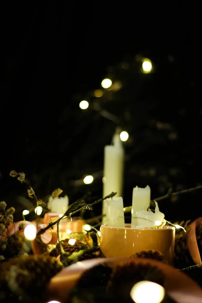 Pink Christmas Decorations Candlelight Pink Ribbons Twigs Dry Grass Including — Stock Photo, Image