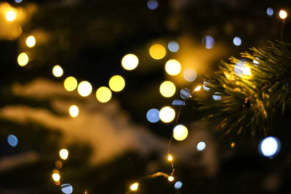 Albero Natale Con Luci Sfocate Oro Silhouette Ramo Abete Rosso — Foto Stock
