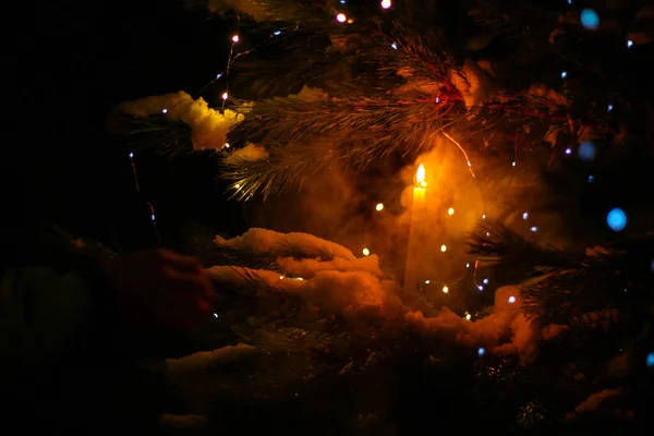 Christmas Tree Gold Defocused Lights Silhouette Spruce Branch Defocused New — Stock Photo, Image