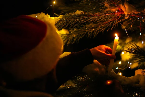 Árvore Natal Com Luzes Douradas Desfocadas Silhueta Ramo Abeto Fundo — Fotografia de Stock