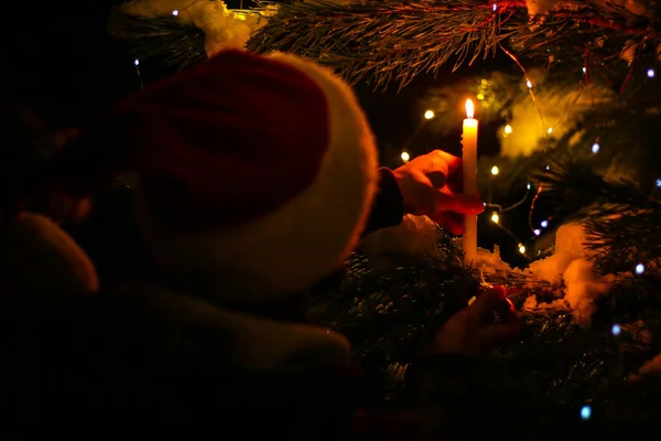 Albero Natale Con Luci Sfocate Oro Silhouette Ramo Abete Rosso — Foto Stock