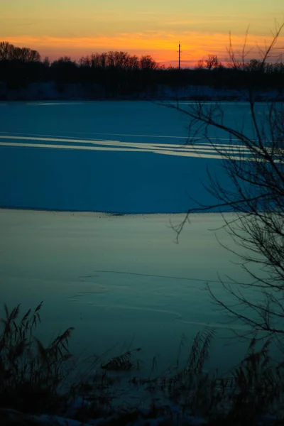 Захід Сонця Замерзлому Озері Очерет Дерева Сніг Берегах — стокове фото
