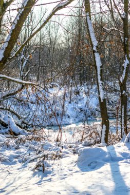Karlı kıyıları olan bir nehre kar yağıyor.