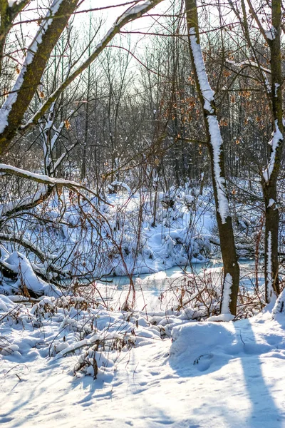 Nieve cayendo en un río con bancos nevados —  Fotos de Stock