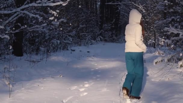 Portrait d'une jeune femme drôle et mignonne, une vraie personne, marche à travers la neige par une journée d'hiver ensoleillée et enneigée. — Video