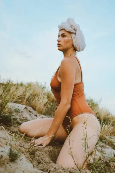 Close Portrait Beautiful Young Sensual Sexy Woman Turban Her Head —  Fotos de Stock