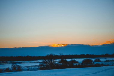 Güzel kış manzarası, bulutlu gün batımı, uzaktaki orman, kardaki tarla ve ağaçlar, dondurucu güneşli bir akşam, Ukrayna