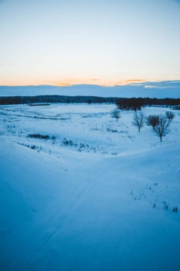 Güzel kış manzarası, bulutlu gün batımı, uzaktaki orman, kardaki tarla ve ağaçlar, dondurucu güneşli bir akşam, Ukrayna