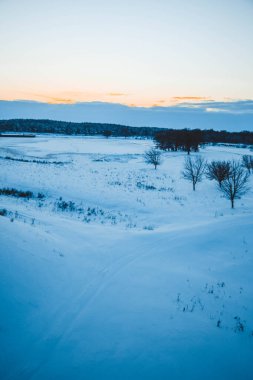 Güzel kış manzarası, bulutlu gün batımı, uzaktaki orman, kardaki tarla ve ağaçlar, dondurucu güneşli bir akşam, Ukrayna