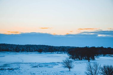 Güzel kış manzarası, bulutlu gün batımı, uzaktaki orman, kardaki tarla ve ağaçlar, dondurucu güneşli bir akşam, Ukrayna