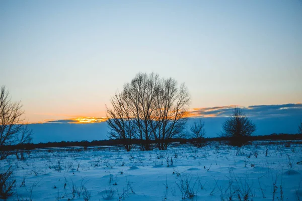 Wunderschöne Winterlandschaft Sonnenuntergang Mit Wolken Wald Der Ferne Feld Und — Stockfoto