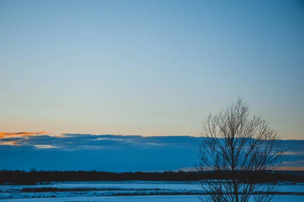 Hermoso Paisaje Invierno Puesta Sol Con Nubes Bosque Distancia Campo —  Fotos de Stock