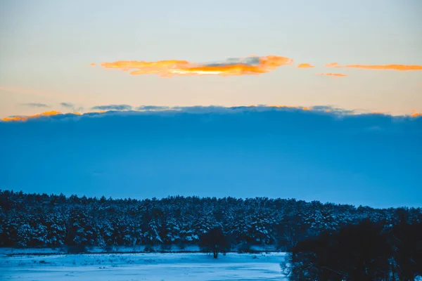 Güzel Kış Manzarası Bulutlu Gün Batımı Uzaktaki Orman Kardaki Tarla — Stok fotoğraf