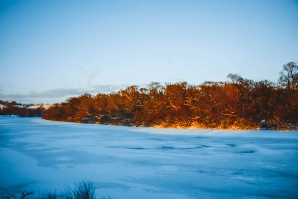 Bosque Invierno Río Atardecer Paisaje Colorido Con Árboles Nevados Hermoso —  Fotos de Stock