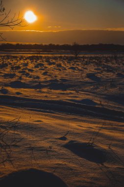 Güzel kış manzarası, bulutlu gün batımı, uzaktaki orman, kardaki tarla ve ağaçlar, dondurucu güneşli bir akşam, Ukrayna