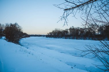 Güzel kış manzarası, bulutlu gün batımı, uzaktaki orman, kardaki tarla ve ağaçlar, dondurucu güneşli bir akşam, Ukrayna