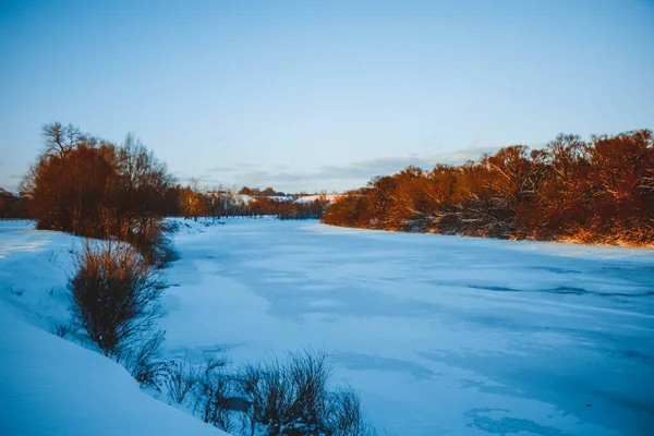 Zimowy Las Nad Rzeką Zachodzie Słońca Kolorowy Krajobraz Śnieżnymi Drzewami — Zdjęcie stockowe