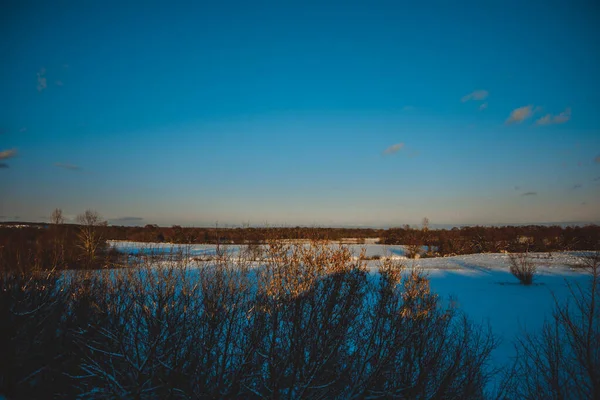 Bellissimo Paesaggio Invernale Tramonto Con Nuvole Foresta Lontananza Campo Alberi — Foto Stock