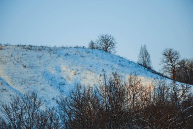 Güzel kış manzarası, bulutlu gün batımı, uzaktaki orman, kardaki tarla ve ağaçlar, dondurucu güneşli bir akşam, Ukrayna