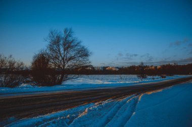 Güzel kış manzarası ağaçların arasındaki beyaz yol, mavi gökyüzü bulutlu güneşli gün, hepsi karda, ılık günbatımı ışığı