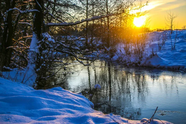 白雪飘落在河上 雪地的河岸上 枝条铺满了水 阳光明媚的日子里 树上覆盖着白雪乌克兰 舒斯特卡河夕阳西下 — 图库照片
