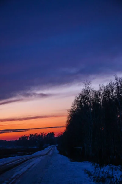 Winter sunset landscape with trees and field road. bright red winter sunset, stripes of clouds, silhouettes of trees