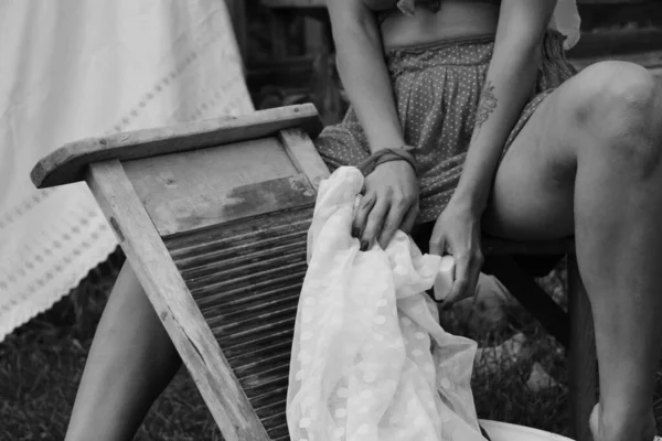 Dried Laundry Young Beautiful Sexy Woman Washes Clothes Hangs Underwear — Stock Photo, Image