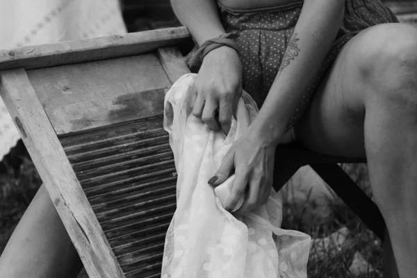 Dried Laundry Young Beautiful Sexy Woman Washes Clothes Hangs Underwear — Stock Photo, Image