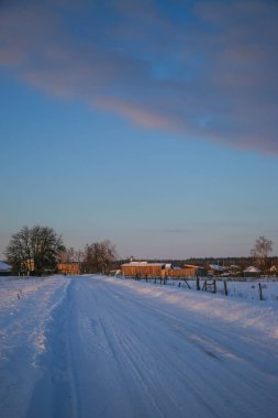 Güzel kış manzarası ağaçların arasındaki beyaz yol, mavi gökyüzü bulutlu güneşli gün, hepsi karda, ılık günbatımı ışığı