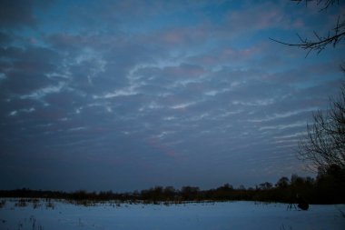 Telefonlu bir adam Zidio 'nun kış günbatımının hızlandırılmış fotoğraflarını çekiyor. Tarla, yol ve ağaçlar karla kaplı..