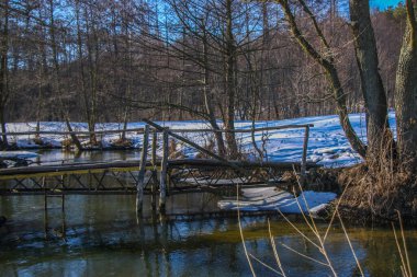 Kışın küçük bir nehir, güneşin ışınları ağaçların arasından geçer. Karlı kıyılar suya yansıyor. Kış manzarası. Kış Masalı. Kış arkaplanı.