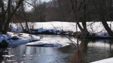 Nehir kıyısının yanındaki buz, kışın gökyüzünün yansıması..
