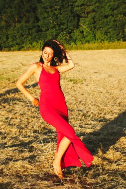 Kırmızı elbiseli güzel bir esmerin portresi biçilmiş buğday tarlasının arka planında, yazın açık havada, gün batımında. Mutlu dans eden kadın