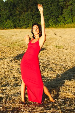 Kırmızı elbiseli güzel bir esmerin portresi biçilmiş buğday tarlasının arka planında, yazın açık havada, gün batımında. Mutlu dans eden kadın