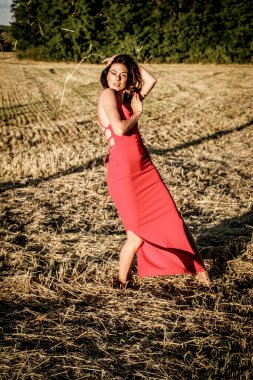 Kırmızı elbiseli güzel bir esmerin portresi biçilmiş buğday tarlasının arka planında, yazın açık havada, gün batımında. Mutlu dans eden kadın