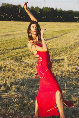 Kırmızı elbiseli güzel bir esmerin portresi biçilmiş buğday tarlasının arka planında, yazın açık havada, gün batımında. Mutlu dans eden kadın