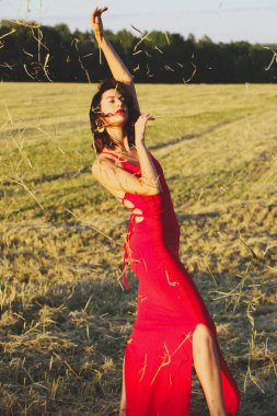 Kırmızı elbiseli güzel bir esmerin portresi biçilmiş buğday tarlasının arka planında, yazın açık havada, gün batımında. Mutlu dans eden kadın