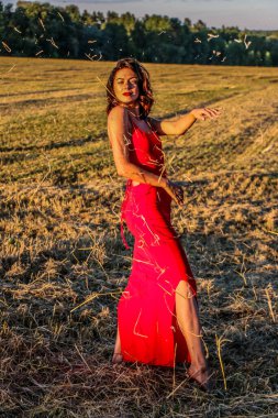 Kırmızı elbiseli güzel bir esmerin portresi biçilmiş buğday tarlasının arka planında, yazın açık havada, gün batımında. Mutlu dans eden kadın