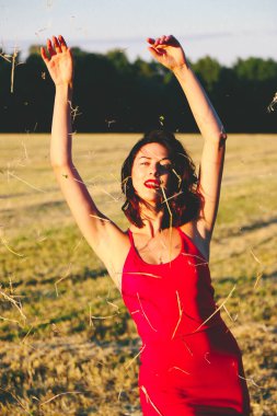 Kırmızı elbiseli güzel bir esmerin portresi biçilmiş buğday tarlasının arka planında, yazın açık havada, gün batımında. Mutlu dans eden kadın