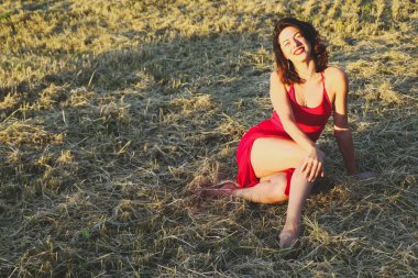 Kırmızı elbiseli güzel bir esmerin portresi biçilmiş buğday tarlasının arka planında, yazın açık havada, gün batımında. Oturan kadın