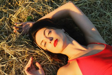 Parlak dudaklı, kırmızı elbiseli, güzel bir esmer kadın samanlıkta yatıyor. Yaz akşamı gün batımı ışığı. Üst görünüm yakın plan