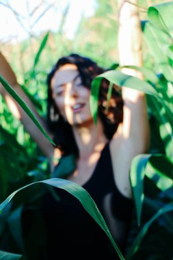 Yazın mısır yaprakları içinde güzel esmer bir kız, doğadaki bir kadının sanat portresi. Kameraya bakarak kahkahalar atmak, seçici keskinlik, açık iş gölgesi doğal ışık.