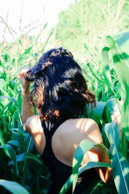 Yazın mısır yaprakları içinde güzel esmer bir kız, doğadaki bir kadının sanat portresi. Kameraya bakarak kahkahalar atmak, seçici keskinlik, açık iş gölgesi doğal ışık.