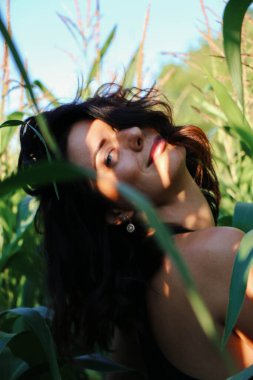 Yazın mısır yaprakları içinde güzel esmer bir kız, doğadaki bir kadının sanat portresi. Kameraya bakarak kahkahalar atmak, seçici keskinlik, açık iş gölgesi doğal ışık.