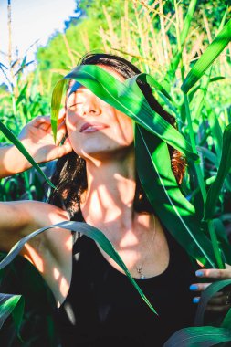 Yazın mısır yaprakları içinde güzel esmer bir kız, doğadaki bir kadının sanat portresi. Kameraya bakarak kahkahalar atmak, seçici keskinlik, açık iş gölgesi doğal ışık.