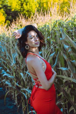 Kırmızı elbiseli güzel esmer kız yaz mısır yaprakları, doğadaki bir kadının sanat portresi. Kameraya bakarak kahkahalar atmak, seçici keskinlik, açık iş gölgesi doğal ışık.