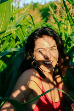 Yazın mısır yaprakları içinde güzel esmer bir kız, doğadaki bir kadının sanat portresi. Kameraya bakarak kahkahalar atmak, seçici keskinlik, açık iş gölgesi doğal ışık.