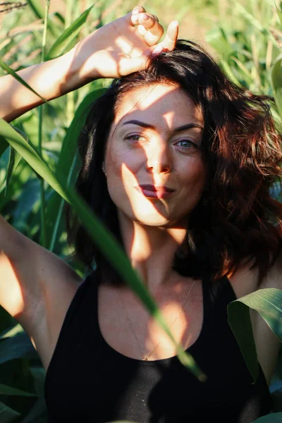 Yazın mısır yaprakları içinde güzel esmer bir kız, doğadaki bir kadının sanat portresi. Kameraya bakarak kahkahalar atmak, seçici keskinlik, açık iş gölgesi doğal ışık.
