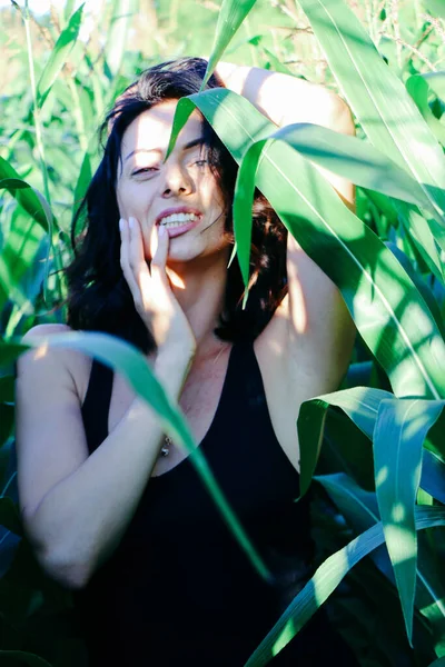 Yazın mısır yaprakları içinde güzel esmer bir kız, doğadaki bir kadının sanat portresi. Kameraya bakarak kahkahalar atmak, seçici keskinlik, açık iş gölgesi doğal ışık.